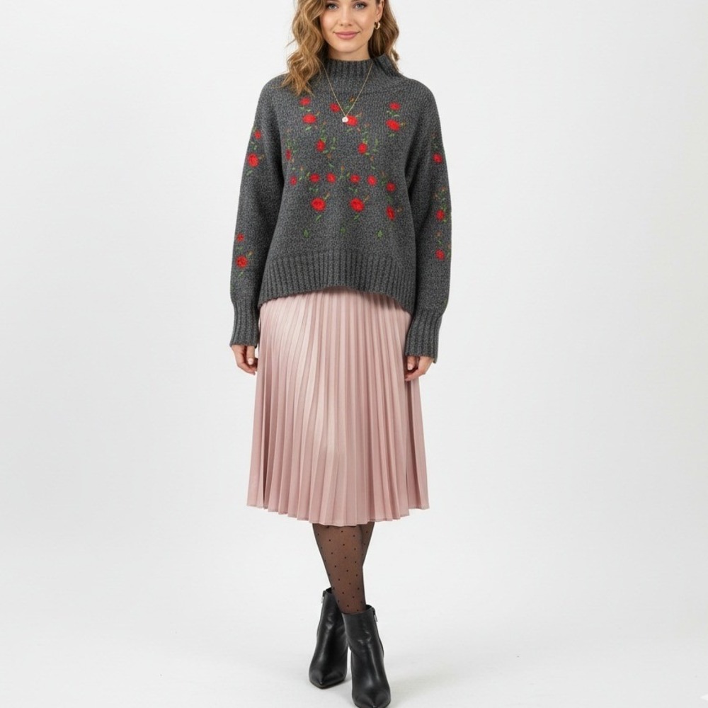Umgee Floral Embroidered Mock Neck Sweater Women Gray Cottagecore Cozy Boxy